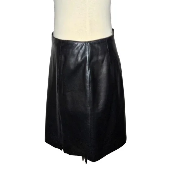 Siena Studio Black Genuine Leather Mini Skirt Front Slit Size 10 Pencil Skirt - Picture 3 of 8